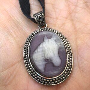 Equestrian Necklace, Pewter Horse Head Pendant, Black Suede Ribbon, Adjustable.